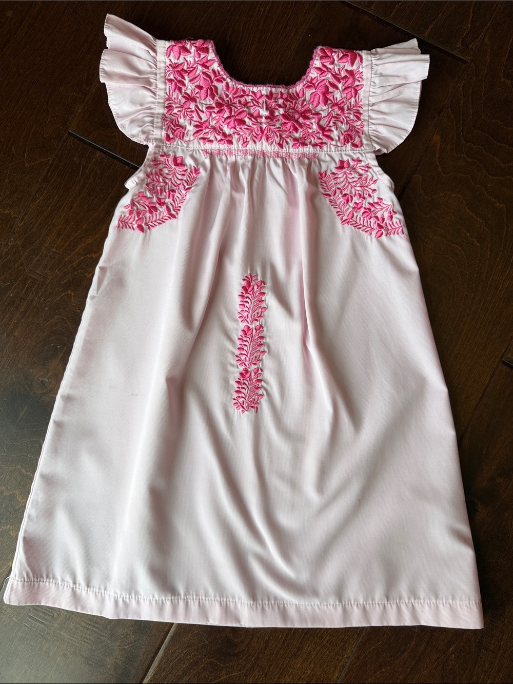 SIX HONEYBEES: Light Pink Embroidered Flutter-Sleeve Girls' Dress